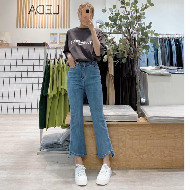 Quần Jean Ống Loe 9 Tấc XẺ XÉO - Leda