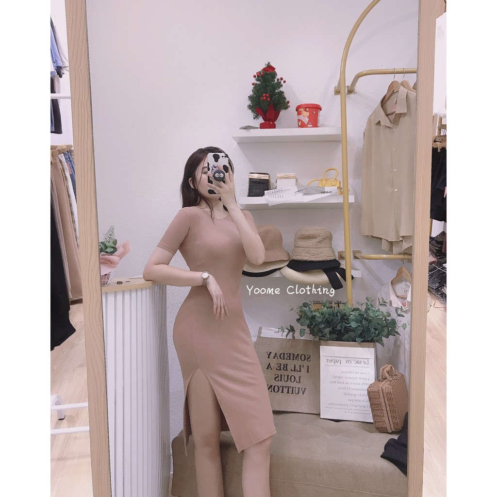 Váy body xẻ đùi cổ tròn tay cộc chất cottonzip co giãn đa chiều cho nữ Yoomeclothing