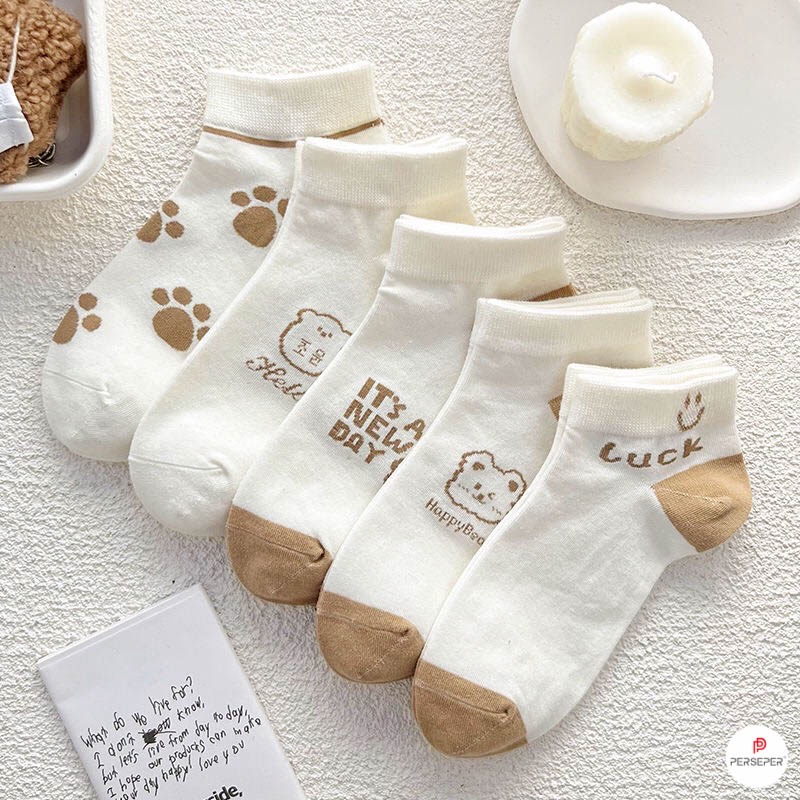 Tất nữ cổ ngắn vớ chân cổ thấp hàn quốc trắng nâu set 5 đôi dễ thương chất vải dày đẹp - Hot Store