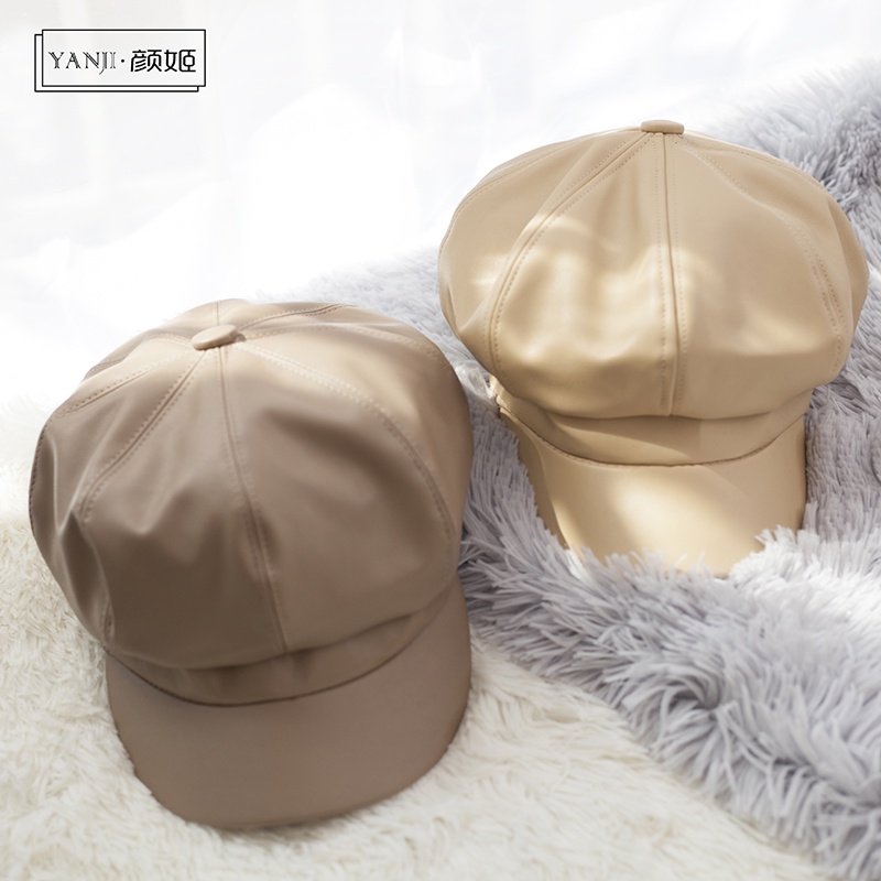 Mũ beret da pu phối lông thời trang nữ tính