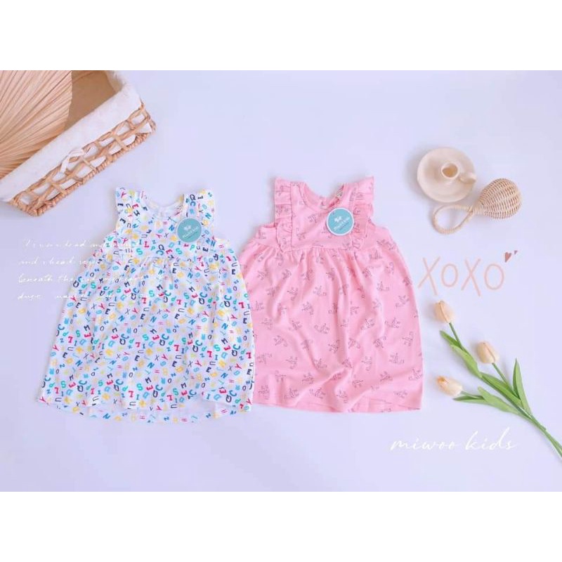 Đầm Váy bèo vai chất cotton Miwoo Kids cực yêu cho bé gái