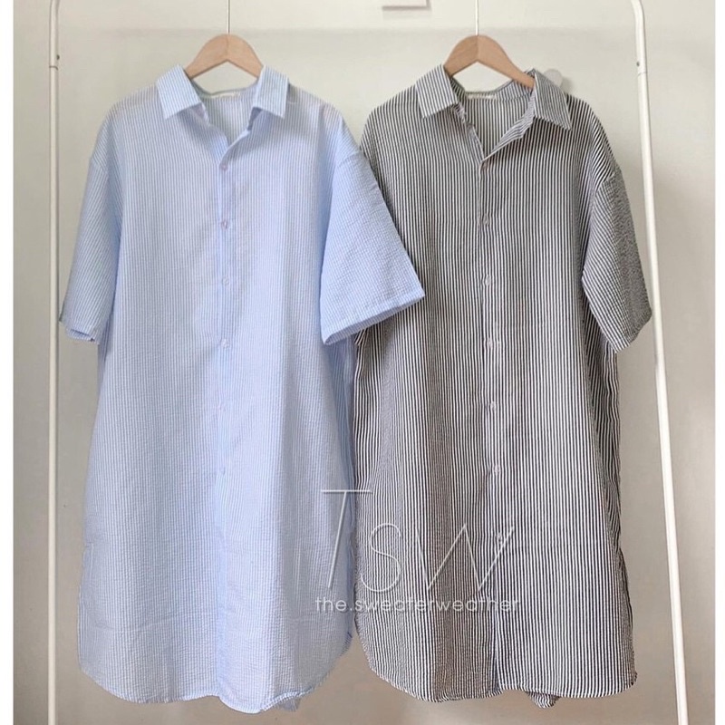 Váy sơ mi nữ kẻ dáng suông cộc tay, Đầm nữ oversize Hàn Quốc đẹp – (TTA89)