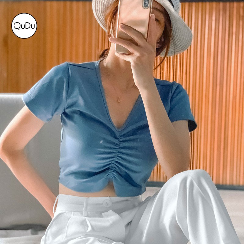 Hot Trend Áo Crotop Nữ Màu Trắng, Crotop Tay Ngắn Trắng Trơn Cổ Tim Nhún Ngực Phong Cách Hàn Quốc [ Áo Thiết Kế QuDu ]