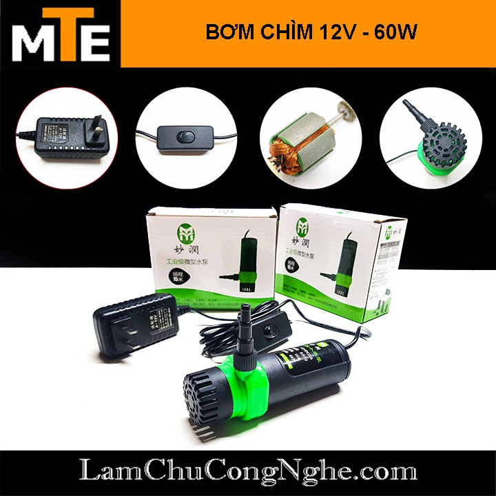 Bơm Chìm Mini 12VDC 8L/phút bơm nước cao 12m có sẵn nguồn 12V-2A và công tắc