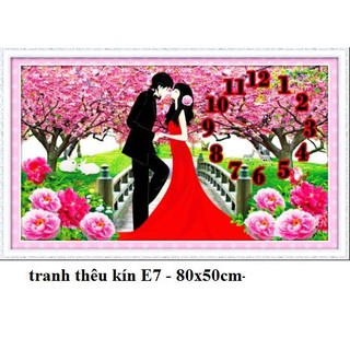 Tranh thêu chữ thập thêu kín Đồng hồ cô dâu chú rể80*50cm