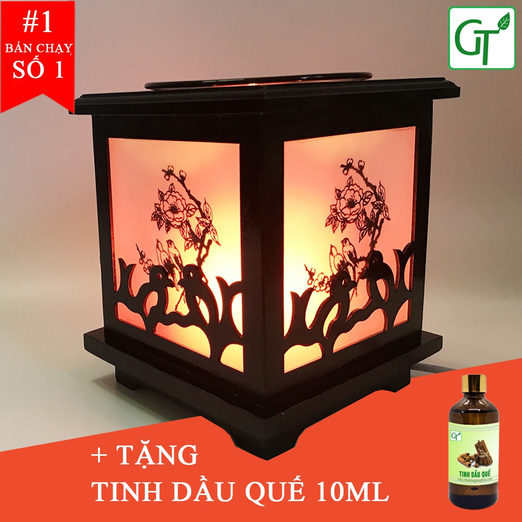 Đèn Xông Tinh Dầu Gỗ Vuông Con Chim + Tặng Tinh Dầu Quế 10ml + Tặng Bóng Dự Phòng