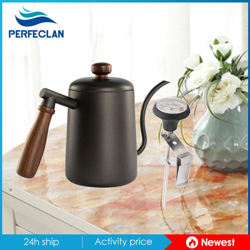 Ấm Đun Nước Bằng Thép Không Gỉ Cổ Ngỗng 600ml Với Nhiệt Kế Hẹp Dài