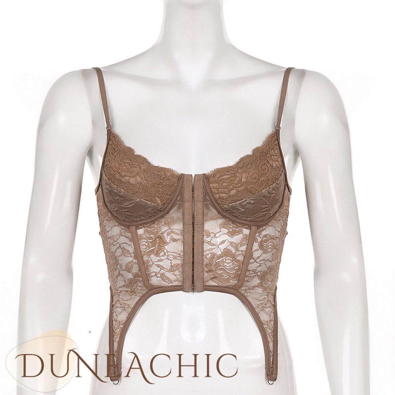 DUNEA Áo Hai Dây Phối Ren Thiết Kế Dây Đan Chéo Hở Lưng Phong Cách Quyến Rũ