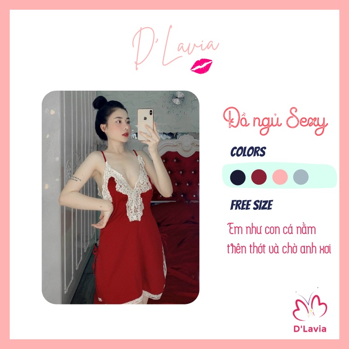 Đồ ngủ nữ hai dây sexy xẻ tà phối ren gợi cảm lụa satin mềm mại quyến rũ kèm quần đùi dễ thương AN56 - D'Lavia