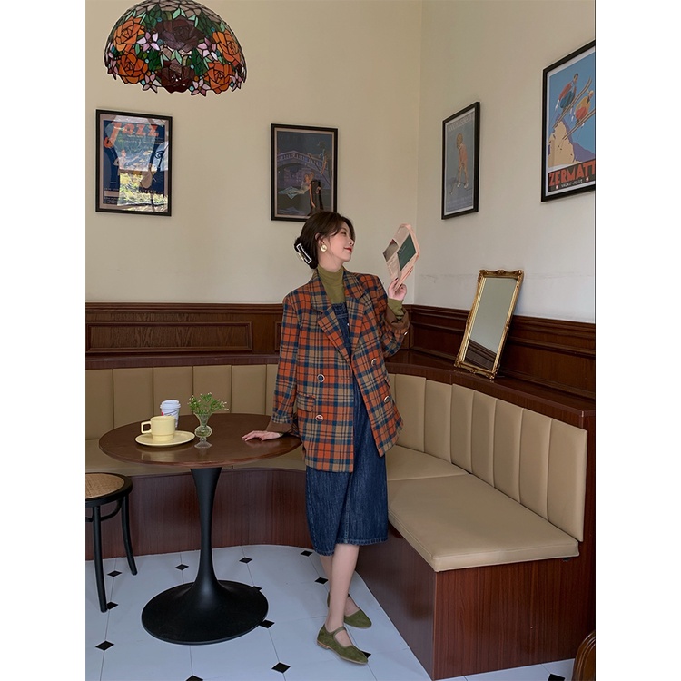 Áo Khoác Blazer Kẻ Sọc Phong Cách Retro Màu Siêu Tây Cho Nữ