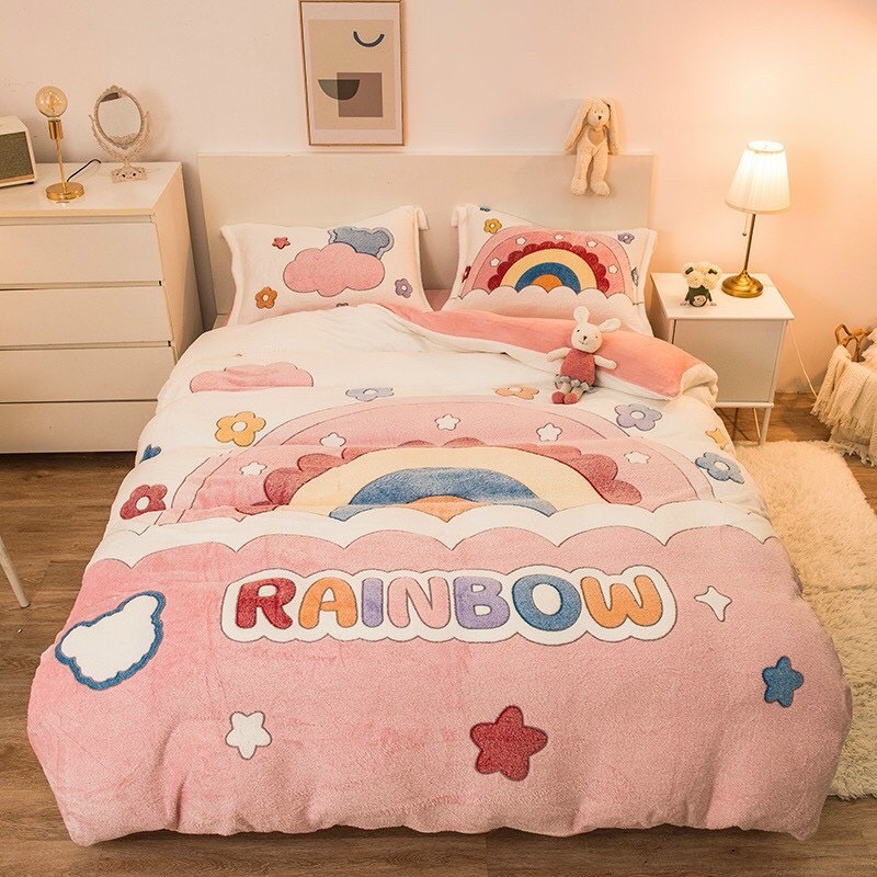 Nỉ Nhung Hoạ Tiết 5D Cao Cấp Cầu Vồng RainBow [ Drap 4 món]