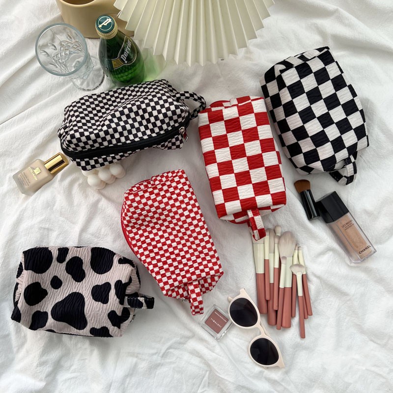 Túi Đựng Bút/Mỹ Phẩm Bằng Vải Nhung Kẻ Sọc Caro Thời Trang