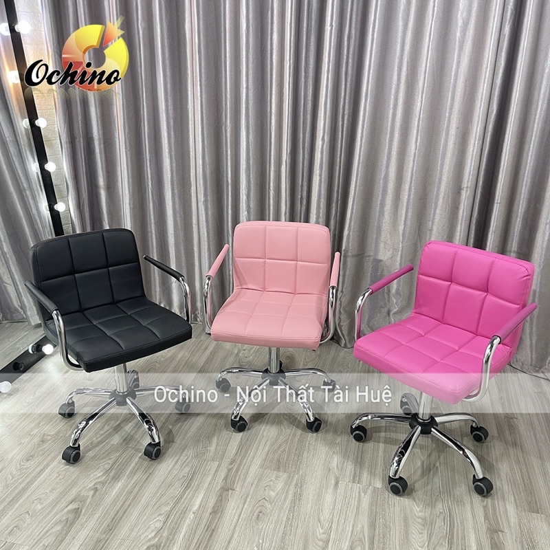 Ghế Bánh Xe Ngồi Bàn Trang Điểm Bọc Da Cao Cấp Có Tựa Lưng Mẫu vịn tay inox