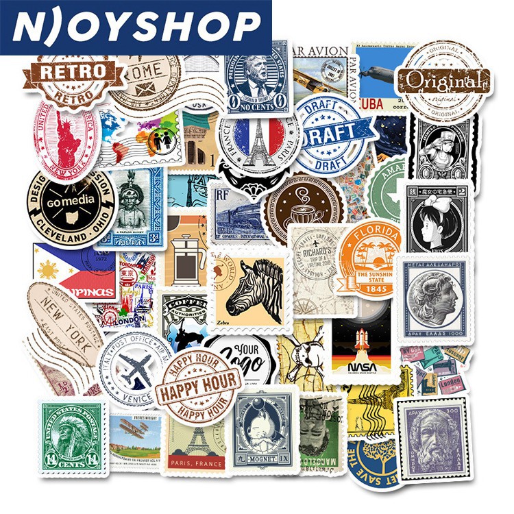 SET 50 MIẾNG STICKER TEM DÁN POSTAGE STAMP CHỐNG NƯỚC DÁN NÓN BẢO HIỂM, LAPTOP, VALI, TỦ, BÀN HỌC, XE MÁY