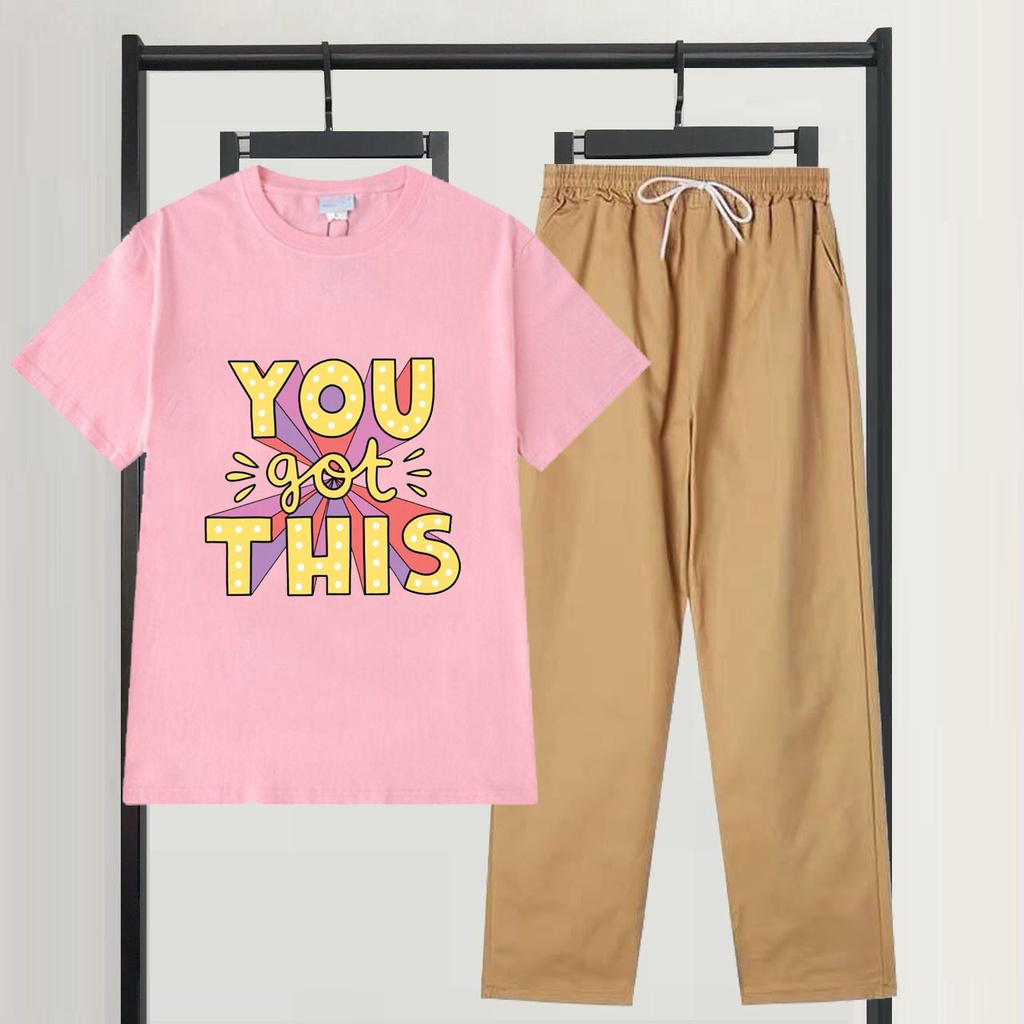 Sét Bộ Đồ Quần Kaki Áo Phông Trắng Nữ Ulzzang Mặc Đi Chơi Siêu Xinh, Áo Phông Cotton In 3D Chữ "You got this" Đơn Giản