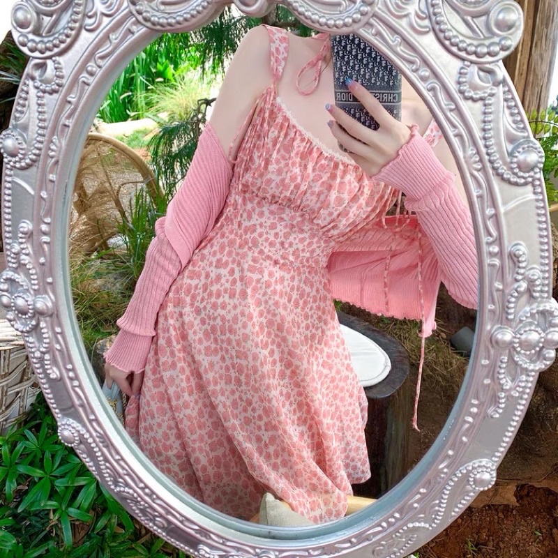 Váy 2 Dây Hoa Nhí  Hồng  Kèm Áo Cardigan Mỏng Cùng Màu HT49 Phong Cách Hàn Quốc