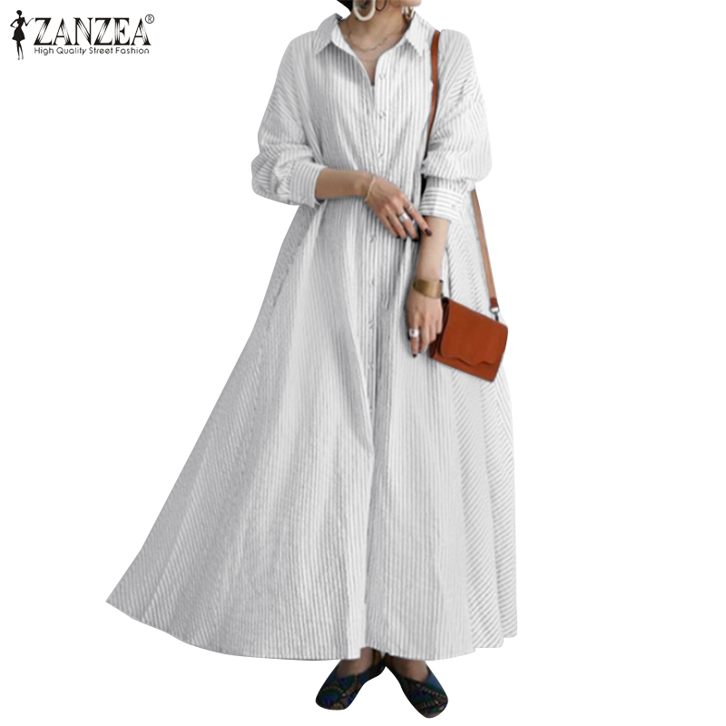 Đầm maxi ZANZEA dáng rộng cài nút ve áo in họa tiết kẻ sọc giản dị cho nữ