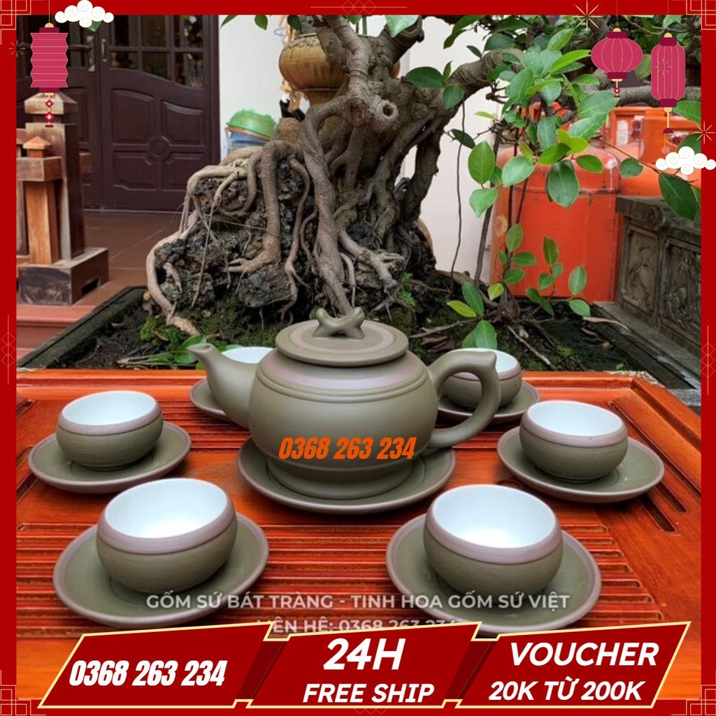 Bộ Ấm Chén Uống Trà, Bộ Ấm Chén Bát Tràng Cao Cấp - Tử Sa Trống Đai Xanh