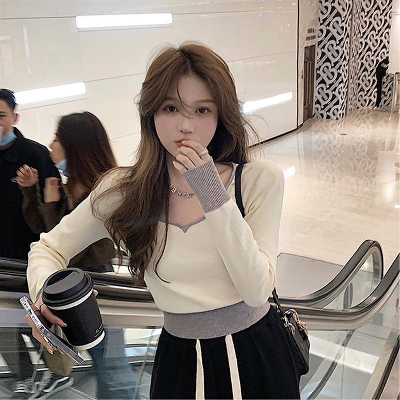 Áo ZHELIHANGFEI dệt kim giả hai mảnh tay dài eo cao đa năng quyến rũ