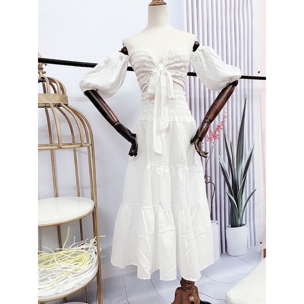 XẢ KHO Set váy maxi đi biển dáng dài phối áo croptop tay bồng- ảnh thật 100%