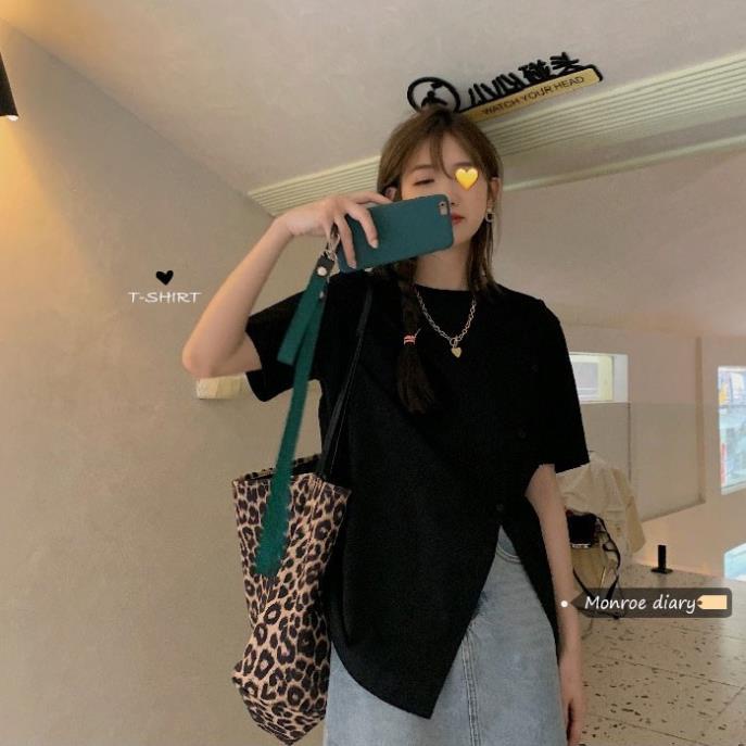 (ORDER-sẵn đen) Áo thun nữ form rộng vải trơn xẻ tà vạt chéo style HOT trend nhiều màu !