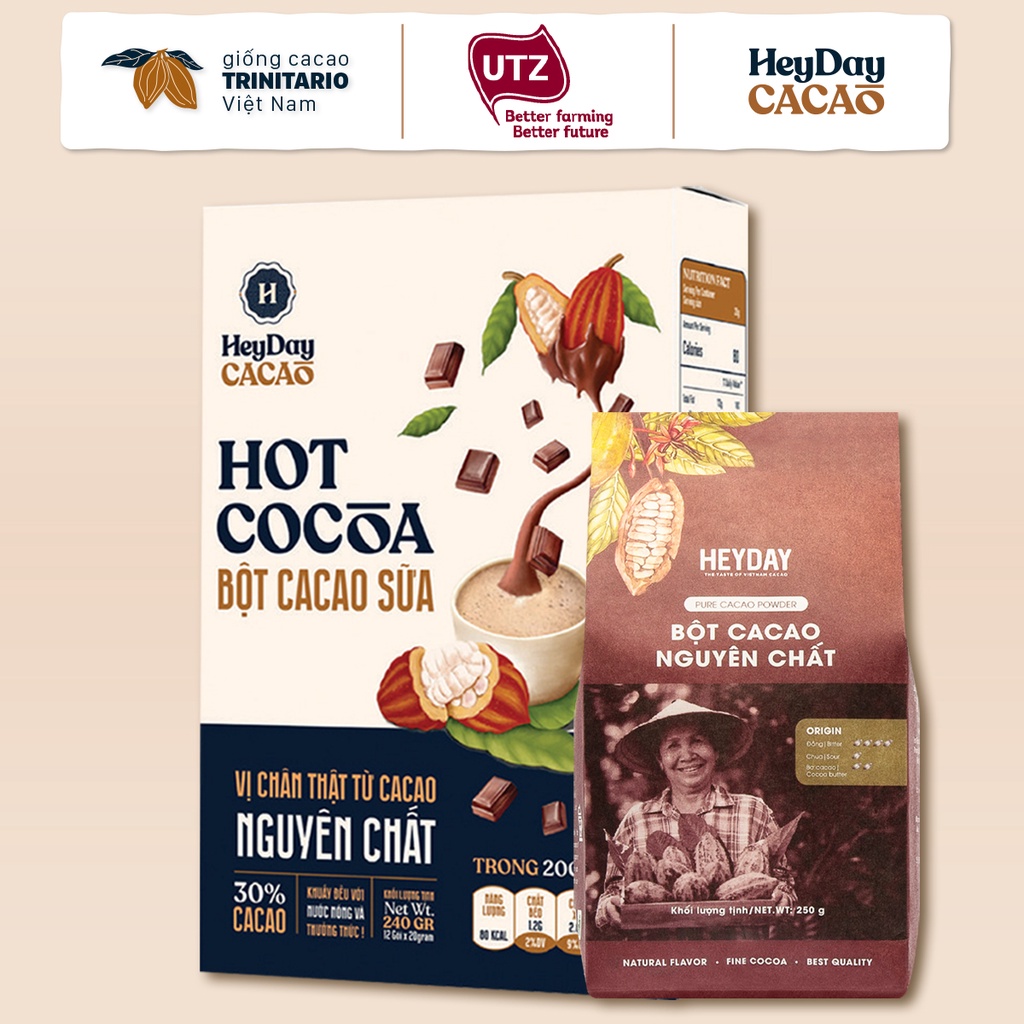 Combo Bột cacao sữa Heyday - Hộp 12 gói x 20g và Túi 250g bột cacao nguyên chất dòng Origin thượng hạng