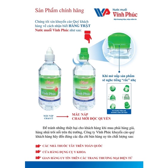 Nước muối Vĩnh Phúc 500ML - Dùng súc miệng , rửa mũi , vệ sinh vết thương - Mẫu bao bì nắp mới