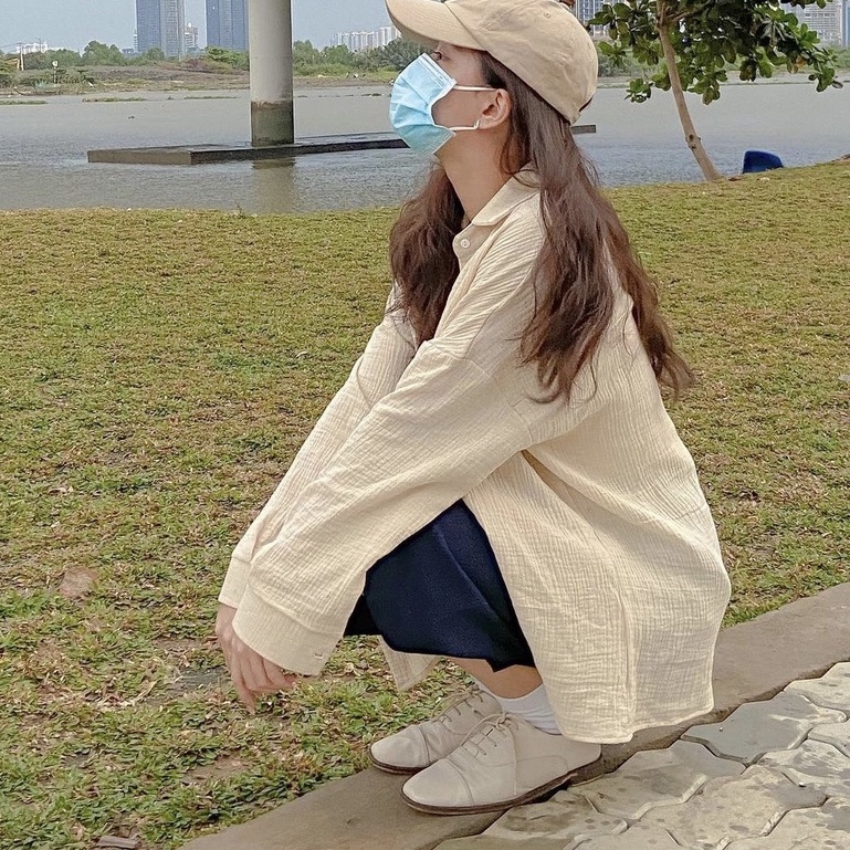 Áo Sơ Mi Nhăn Pastel PEONYB Nữ [FREESHIP]  Thun form rộng vintage màu TRẮNG | HỒNG | BE | XANH Ulzzang