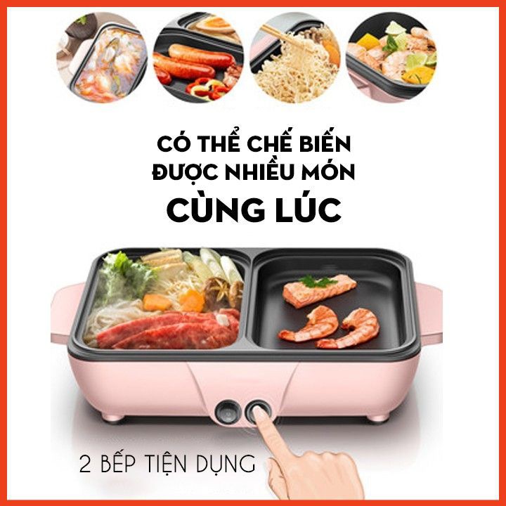 Nồi lẩu nướng hồng ngoại 2 ngăn hồng mini đa năng phủ lớp chống dính