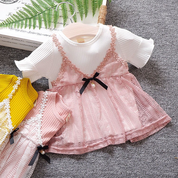 Đầm Công Chúa Vải Cotton Phối Ren Thời Trang Mùa Hè Cho Bé Gái 1-3 Tuổi
