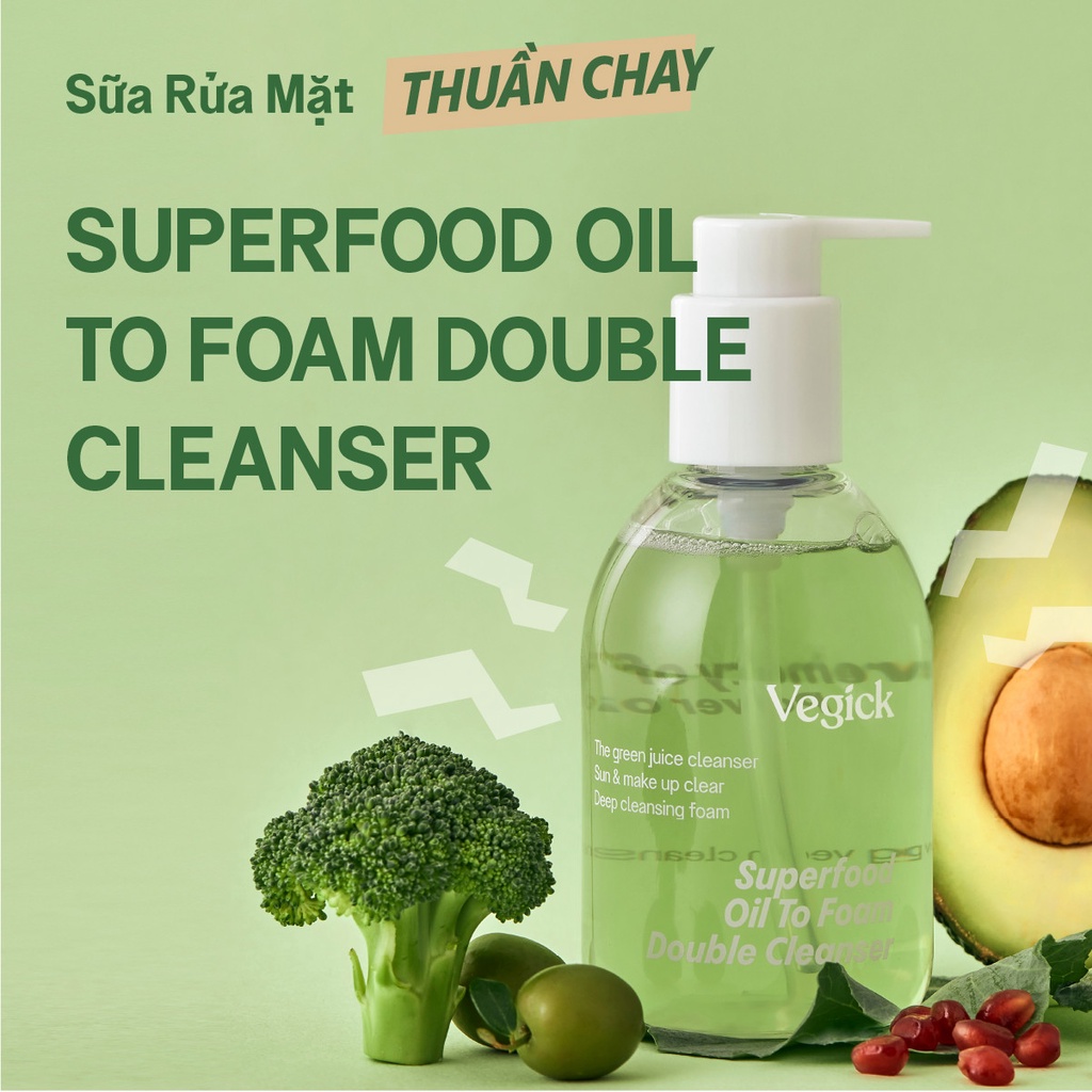 Sữa Rửa Mặt Thuần Chay Tẩy Trang Làm Sạch Sâu Vegick Superfood Oil To Foam Double Cleanser 195ml