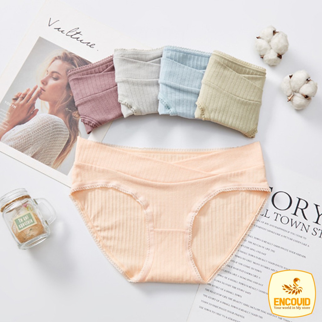 Quần lót bầu cho bà mẹ bầu Cotton thông hơi viền ren Sexy gợi cảm cạp chéo cao cấp ENCOVID QBA03