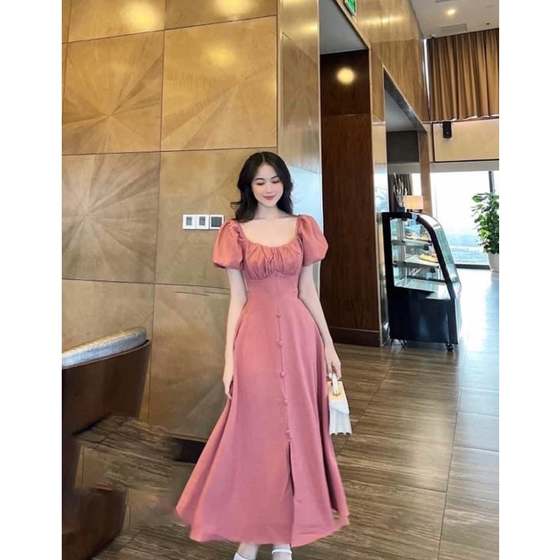 Đầm maxi nhíu ngực tay bồng xinh
