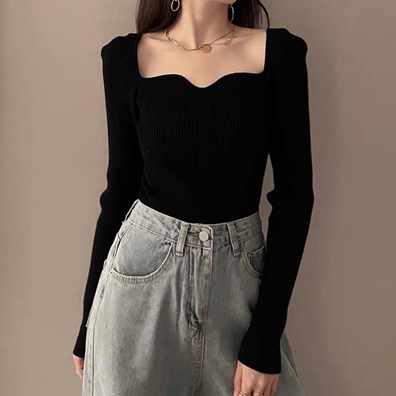 Áo kiểu thun croptop nữ tay dài phong cách tiểu thư
