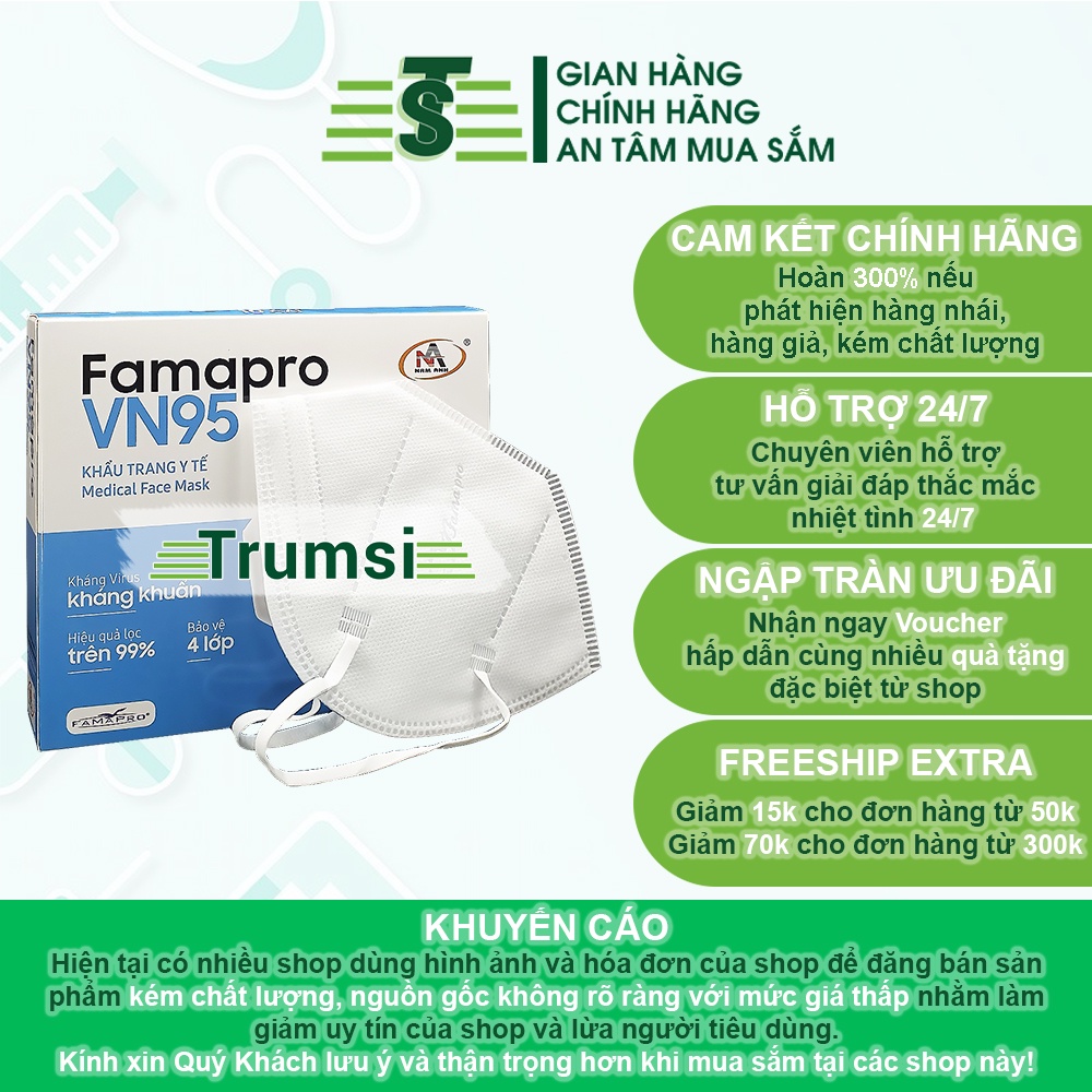 Khẩu Trang Y Tế Famapro VN95 Nam Anh Chính Hãng 4 Lớp Kháng Khuẩn Cao Cấp Hộp 10 Cái