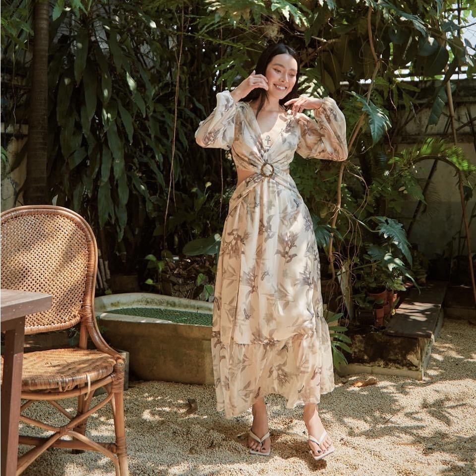 COCO SIN - Đầm Voan Hoạ Tiết Phối Khoen
