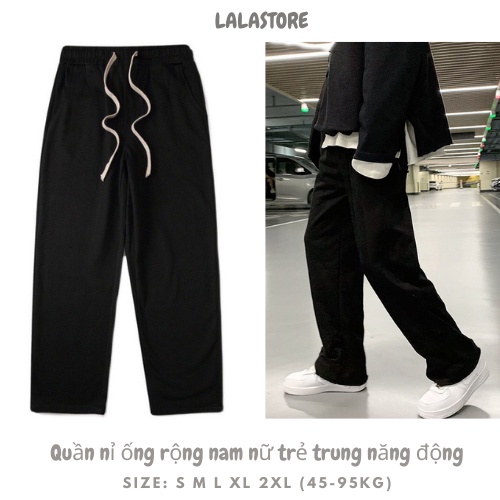Quần Thun Đen Ống Rộng Dáng Suông Nam Nữ Unisex Phong Cách Hàn Quốc