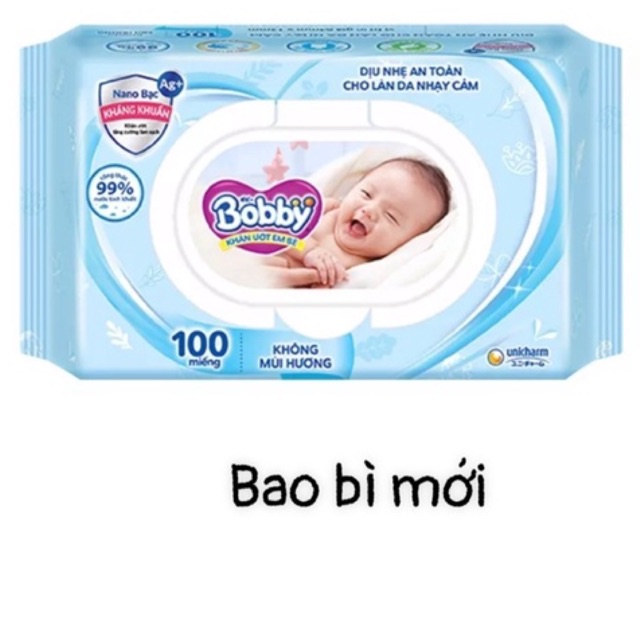 Khăn Ướt Bobby Không Mùi (100 Miếng)