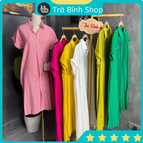 Váy sơ mi đũi suông nhiều màu tay gập, đầm sơ mi dáng suông form rộng chất đũi mềm mát