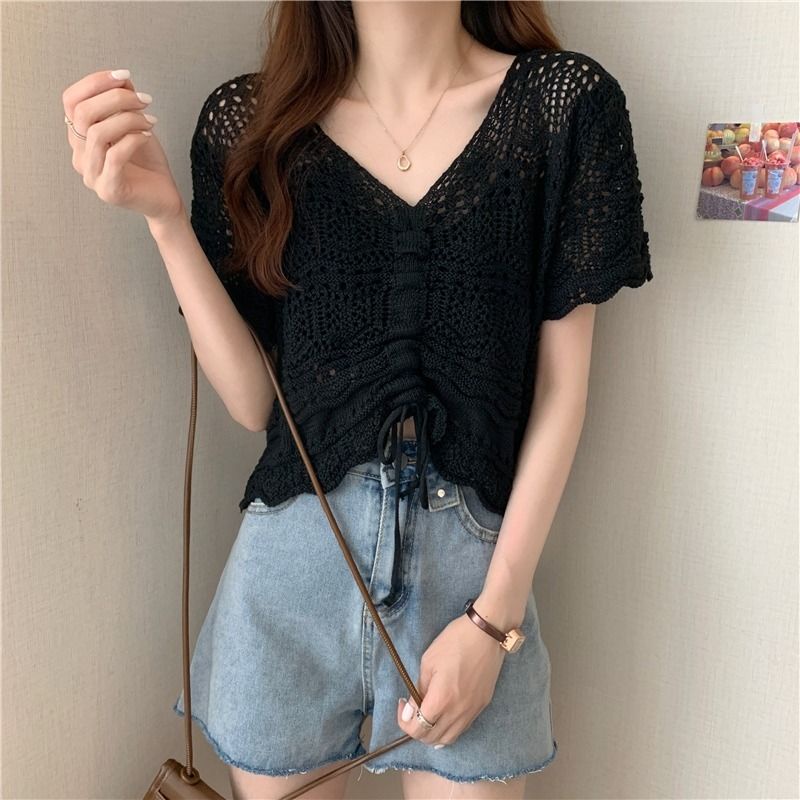 Áo Thun Dệt Kim Tay Ngắn Cổ Chữ V Phối Dây Rút Thời Trang Mùa Hè Phong Cách Hàn Quốc Cho Nữ JH-TX-157