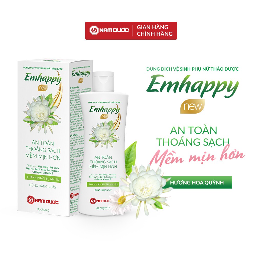 Dung dịch vệ sinh phụ nữ EMHAPPY 120ml - Nam Dược - làm sạch, mềm mịn, se khít hương hoa quỳnh