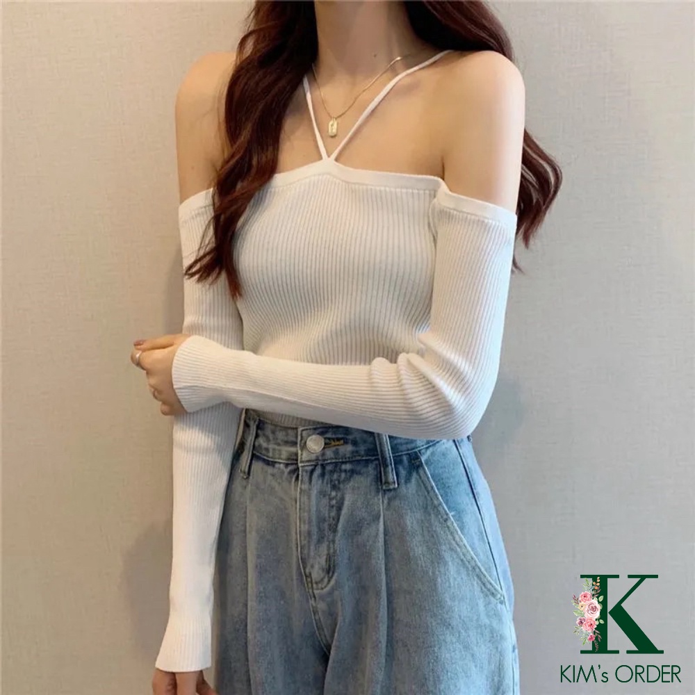 Áo len nữ cổ dây yếm màu đen trắng ghi trễ ngang vai cổ thuyền dài tay phom ôm chất đẹp co dãn đi tiệc sang chảnh
