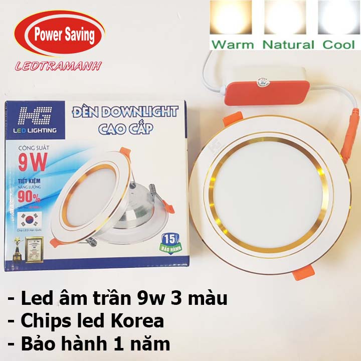 Đèn led âm trần HG 9w 3 màu cao cấp viền vàng
