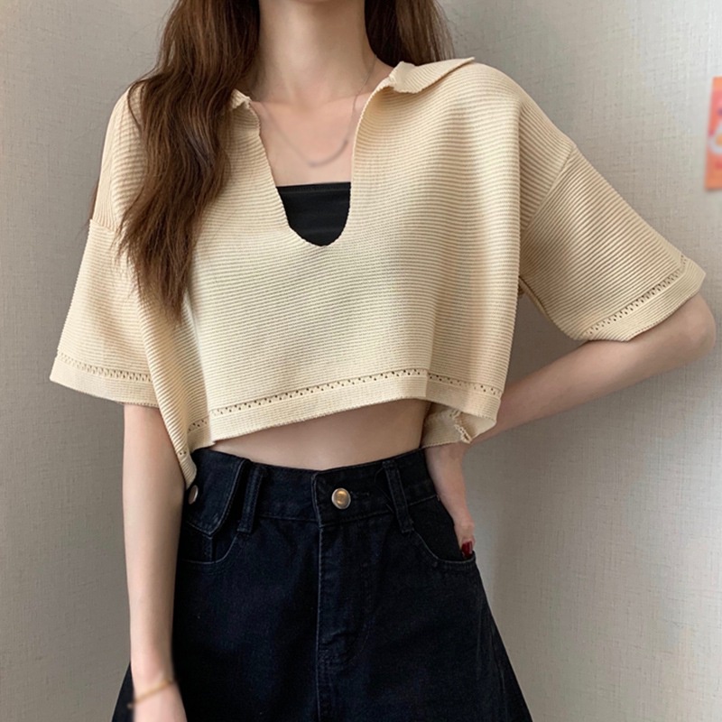 Áo Croptop Dệt Kim Tay Ngắn Thiết Kế Cổ Chữ V Quyến Rũ | BigBuy360 - bigbuy360.vn