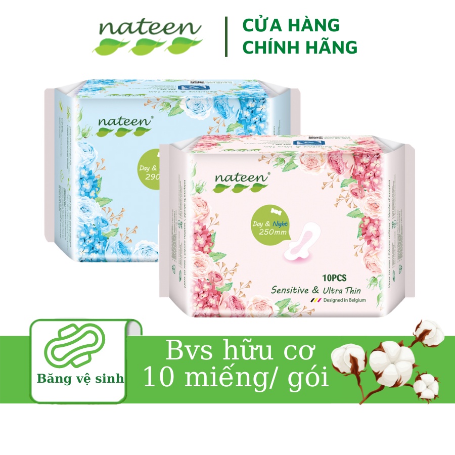 Băng vệ sinh Hữu Cơ Nateen Bỉ siêu mỏng, siêu thấm ngày đêm 19 25 29 33cm