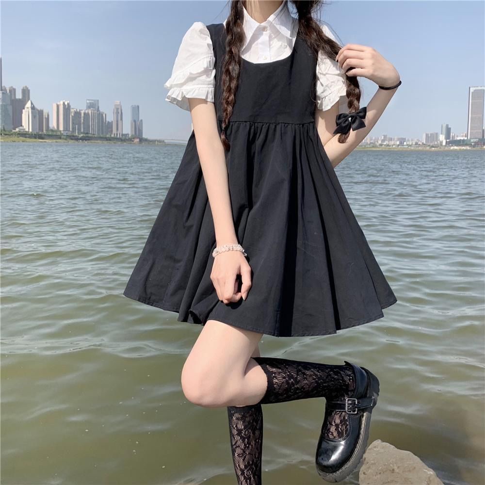 🔥 Bộ Áo Sơ Mi Tay Cánh Hoa + Đầm Yếm Lưng Cao Ngọt Ngào Thời Trang Mùa Hè Cho Nữ