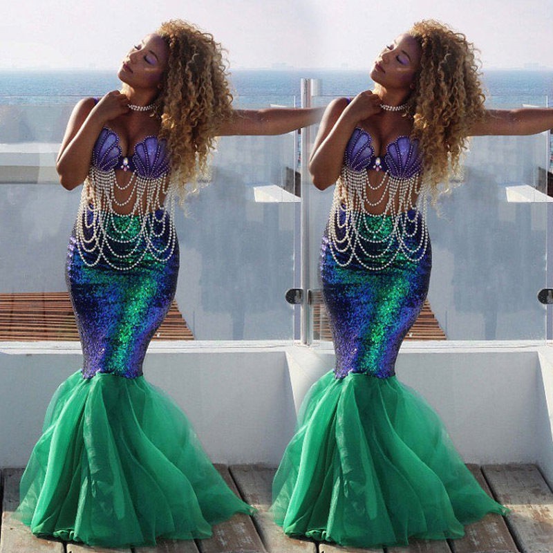 HGL♪Sexy Mermaid Ladies Halloween Costume Fancy Party Sequins Maxi Dress Tail Skirt | BigBuy360 - bigbuy360.vn