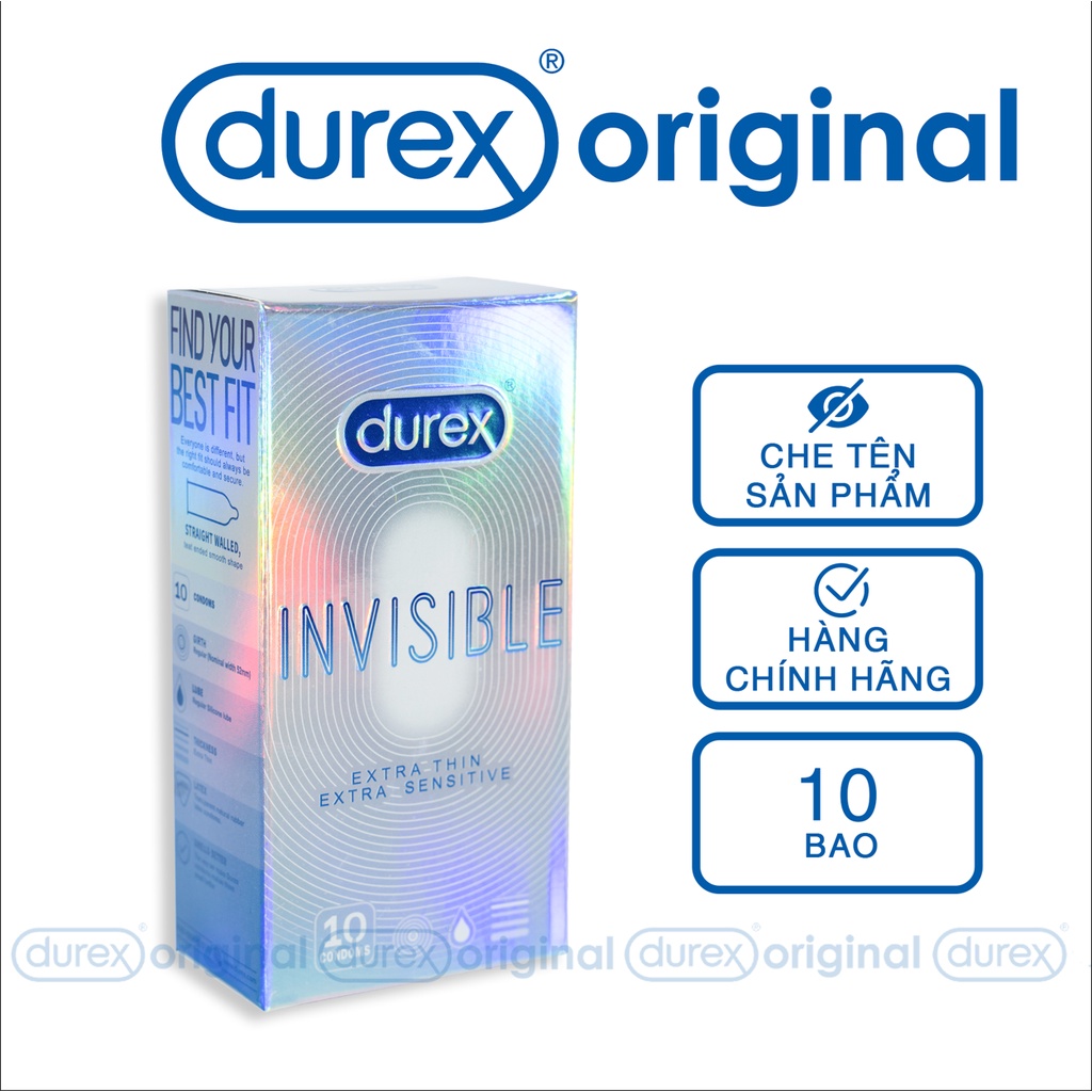 Bao cao su Durex invisible condom latex siêu mỏng bcs Extra Sensitive freesize tiện dụng.