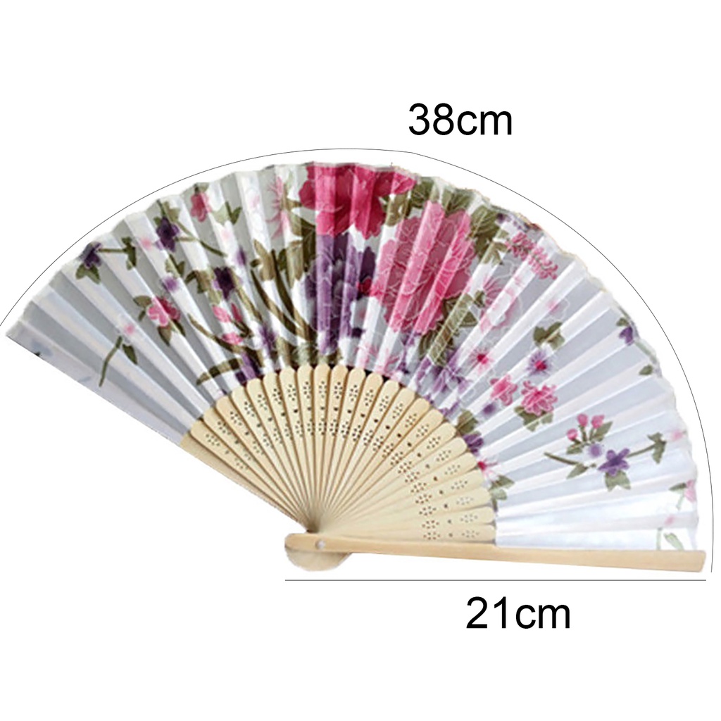 Quạt xếp cầm tay chất liệu vải satin in họa tiết hoa dùng làm phụ kiện trang trí