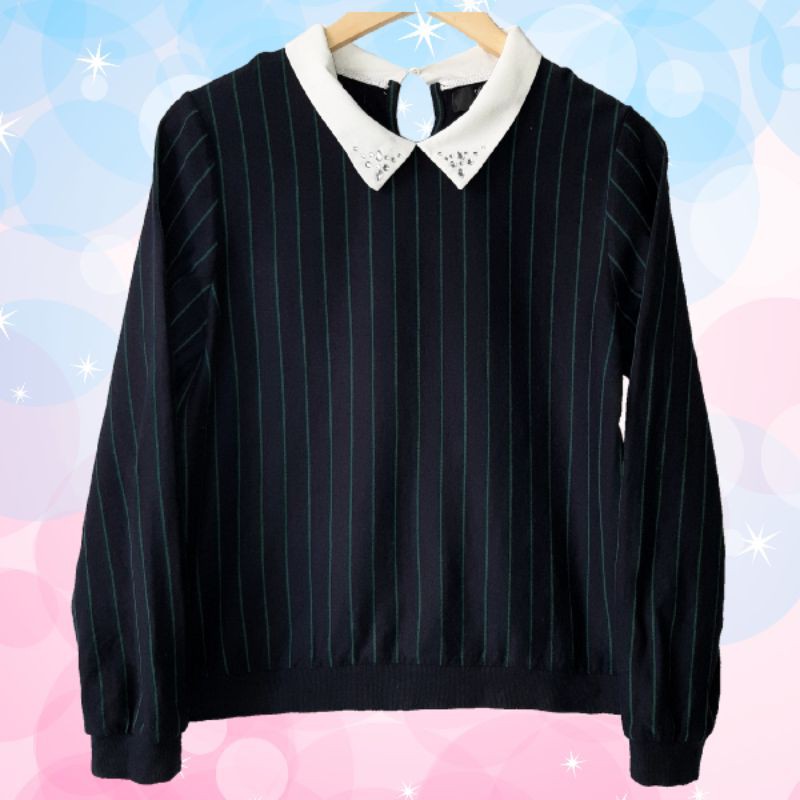 Áo thun nữ tay dài cổ sơmi đính hạt chất cotton mềm mại màu xanh đen phối sọc dọc siêu xinh